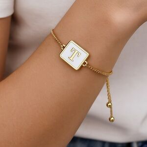 Gold-Plated Stainless Steel Initial Bracelet – Custom Alphabet Charm (T)